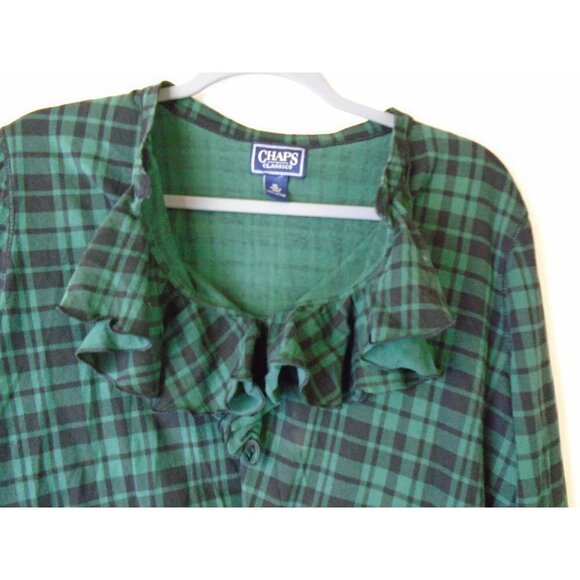 Chaps Classics Black Green Plaid Ruffle Neckline Women Sz XL with Stretch - Picture 2 of 4